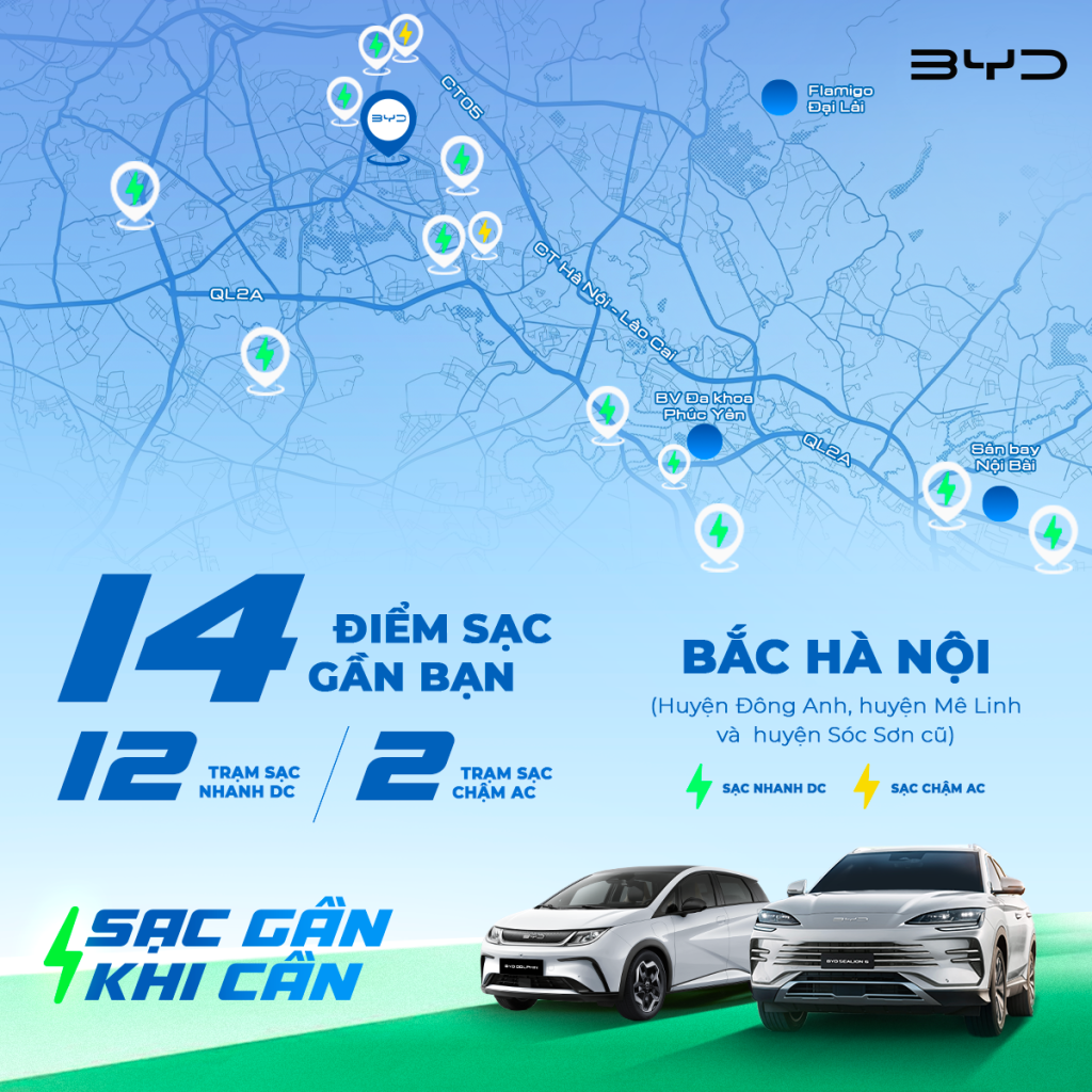 Hệ thống trạm sạc BYD khu vực Bắc Hà Nội