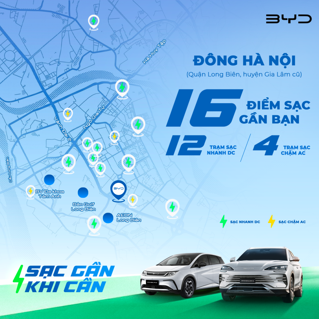 Các điểm sạc BYD khu vực Đông Hà Nội