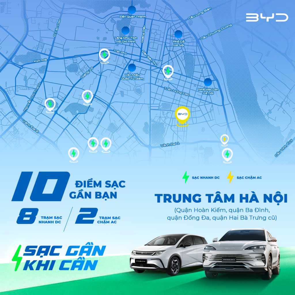 Bản đồ trạm sạc xe điện BYD trung tâm Hà Nội
