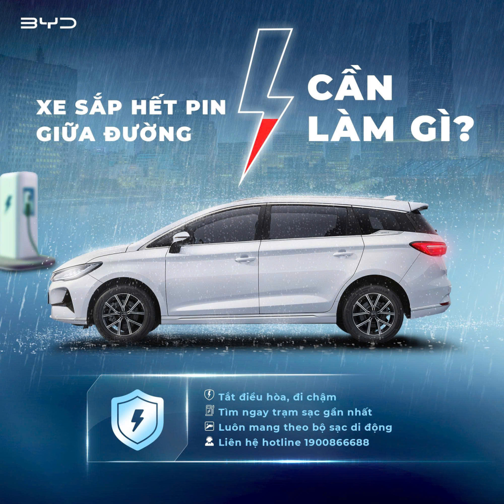 Xử lý khi xe điện BYD gần hết pin giữa trời mưa, hướng dẫn từ BYD Vĩnh Phúc – Đại lý chính hãng của BYD tại Phú Thọ.