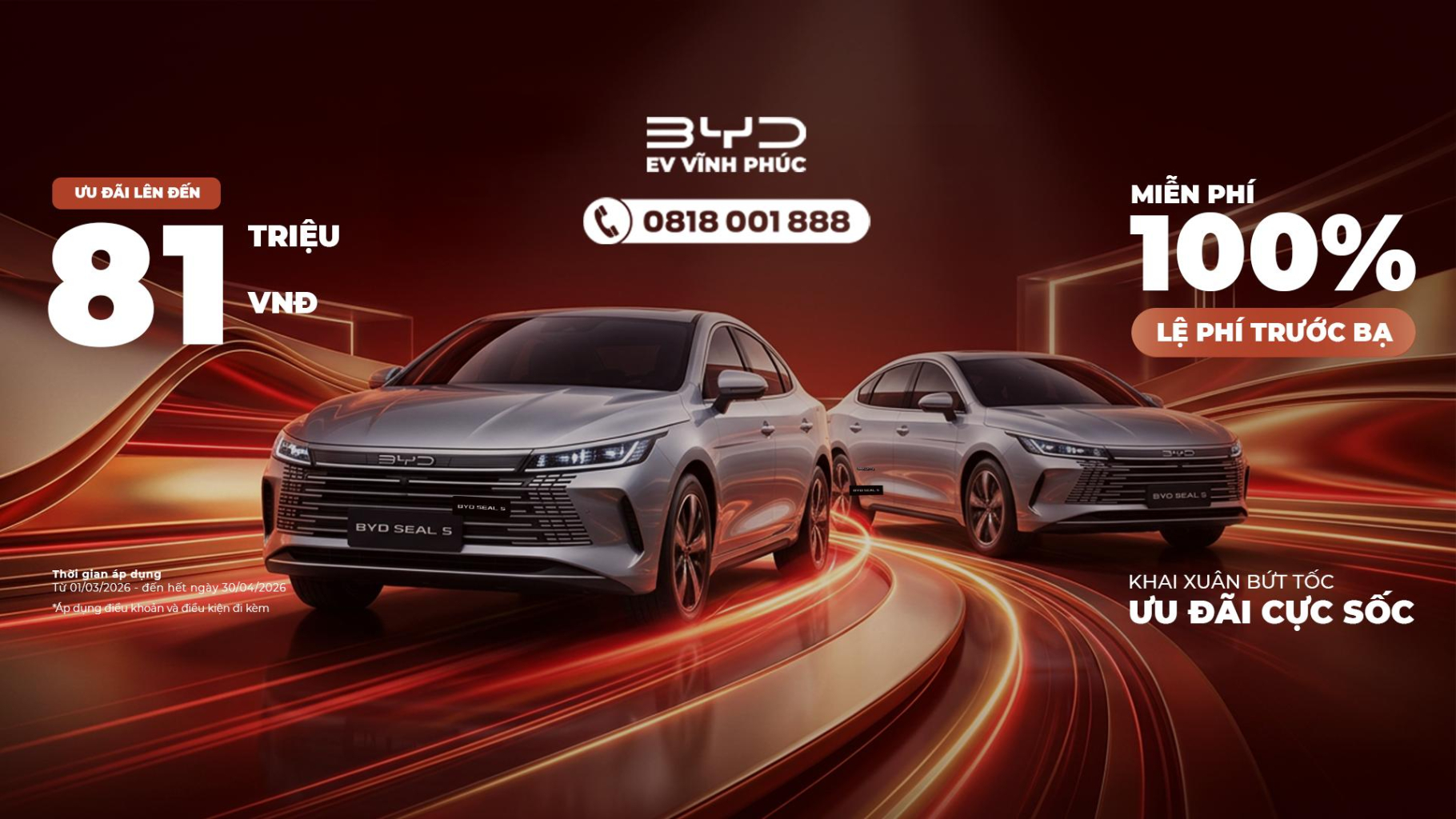 BYD Seal 5 được miễn phí 100% lệ phí trước bạ tại BYD Vĩnh Phúc