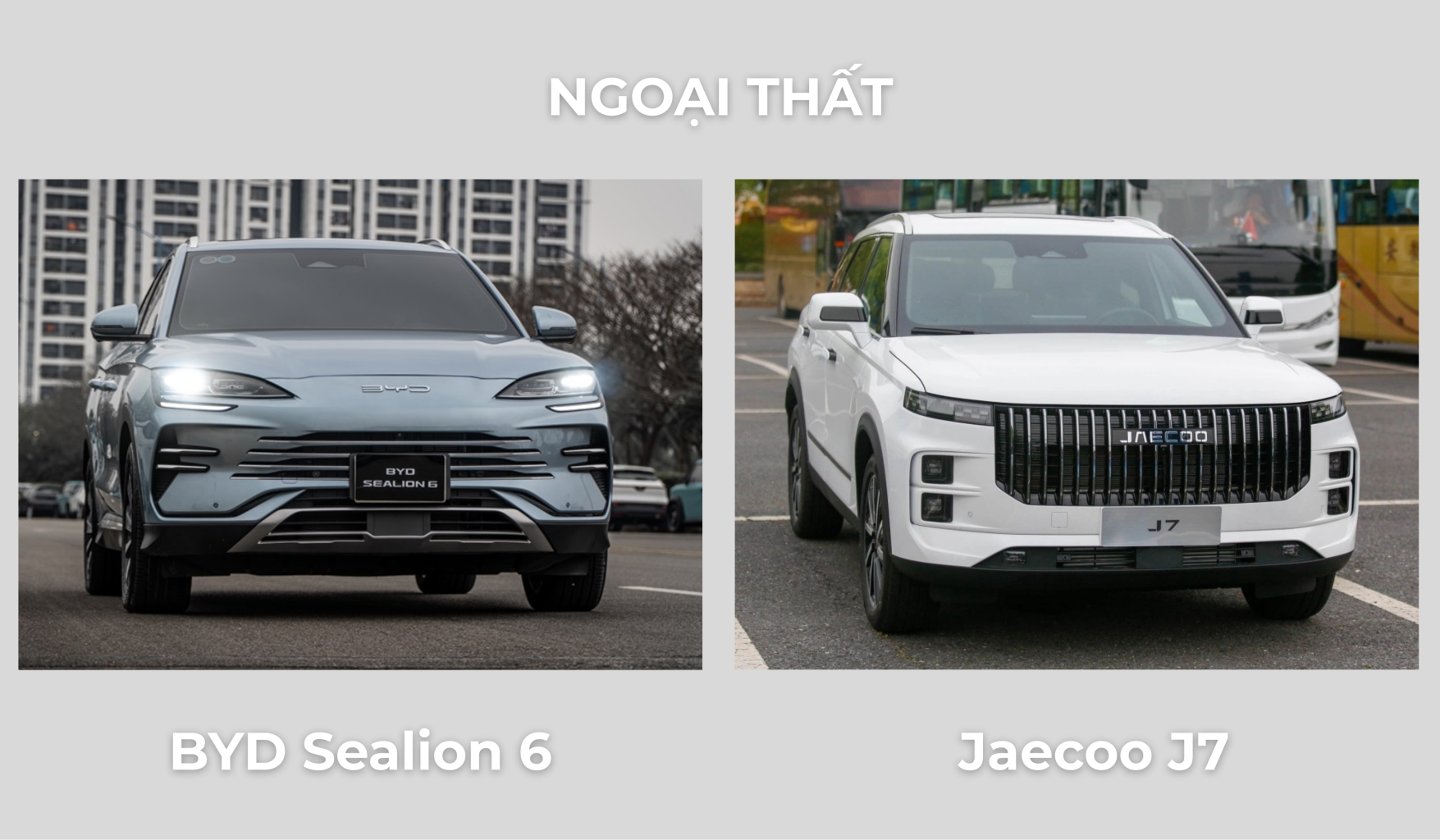 BYD Sealion 6 và Jaecoo J7 PHEV nhìn từ phía trước – phong cách thiết kế