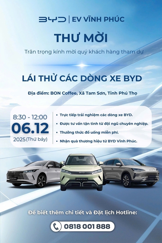 Lái Thử Xe BYD Tại Phú Thọ – Trải Nghiệm Miễn Phí Các Dòng Xe Điện & Hybrid Đẳng Cấp Tháng 12/2025