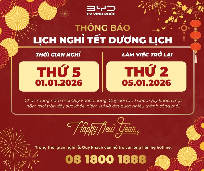 Thông Báo Lịch Nghỉ Tết Dương Lịch 2026 Tại BYD Vĩnh Phúc – Đại Lý Chính Thức Của BYD Tại Phú Thọ