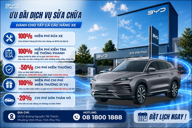 Khuyến mại dịch vụ BYD Vĩnh Phúc tháng 7/2026: Nhận ưu đãi đến 100% khi bảo dưỡng và sửa chữa xe