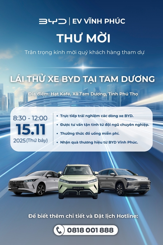 Lái Thử Xe BYD Tại Phú Thọ – Trải Nghiệm Miễn Phí Các Dòng Xe Điện & Hybrid Đẳng Cấp!